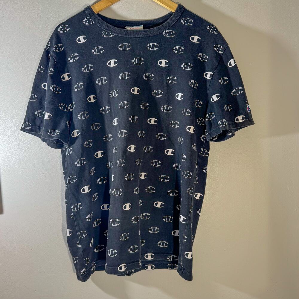 Champion All-Over Repeat Logo T-Shirt | Black & White Streetwear Tee (Size M)